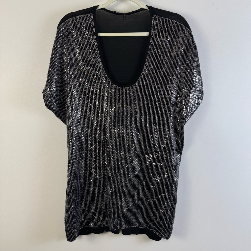 BCBGMaxAzria BCBG Max Azria Sequin Silk Blend Tunic Top Black Silver Medium Ash